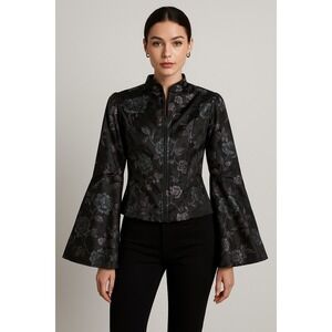 Vintage Jessica McClintock jacquard floral gothic zip up‎ bell sleeves jacket 4